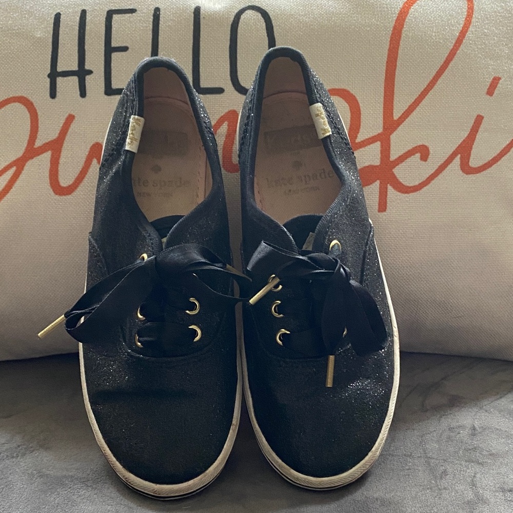 Kate Spade Black Glitter Sneakers with Gold Accents